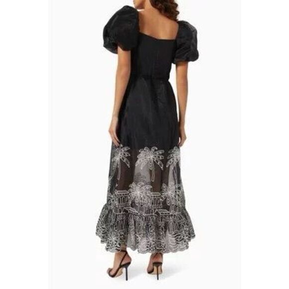 ELLIATT Nyx Maxi  Black Dress in Sheer organza Resort palm embroidery Size S NWT - Picture 3 of 6